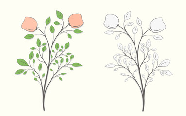 Two flowers on a stem with green leaves in two versions on a light background