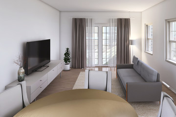 Black and white minimalist living room in with grey sofa. Home nordic interior. 3D illustration