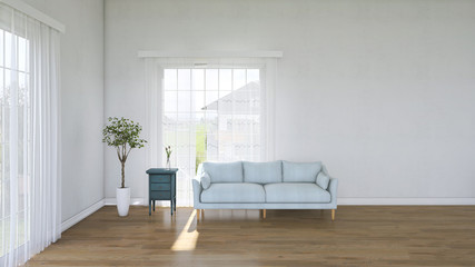 Fototapeta na wymiar White minimalist living room interior with sofa on a wooden floor, a landscape in window. Scandinavian interior design. 3D illustration