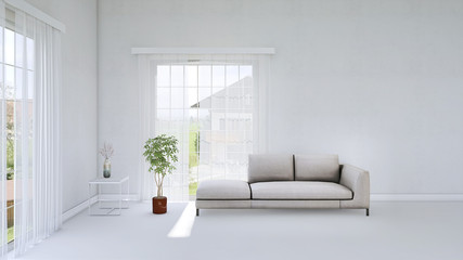Fototapeta na wymiar White minimalist living room interior with sofa on a white floor, a landscape in window. Scandinavian interior design. 3D illustration
