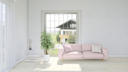 Fototapeta na wymiar White minimalist living room interior with sofa on a wooden floor, a landscape in window. Scandinavian interior design. 3D illustration