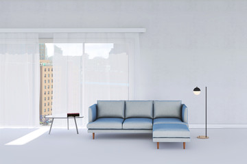 Modern living room in white color with minimalist sofa. Scandinavian interior design. 3D illustration