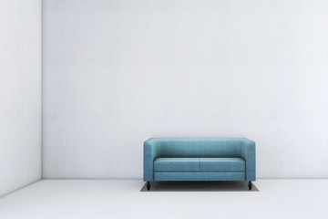 White empty room with blue modern sofa. Minimalist interior design. 3D illustration