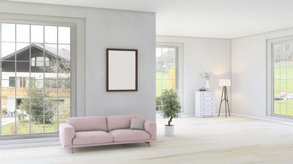 Mock up poster frame in modern white interior with pink sofa and plant on wooden floor. Home nordic interior. 3D illustration