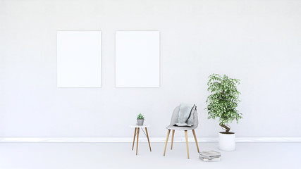 Mock up of two posters on the wall with armchairs and plant on the wooden floor. Home nordic interior. 3D illustration