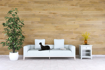 White living room interior with dog on the wooden floor. Home nordic interior. 3D illustration