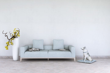 White living room interior with cat and dog on the wooden floor. Home nordic interior. 3D illustration