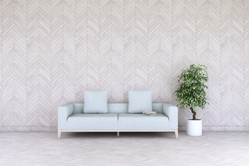 White living room interior with sofa and plant on the wooden floor. Home nordic interior. 3D illustration