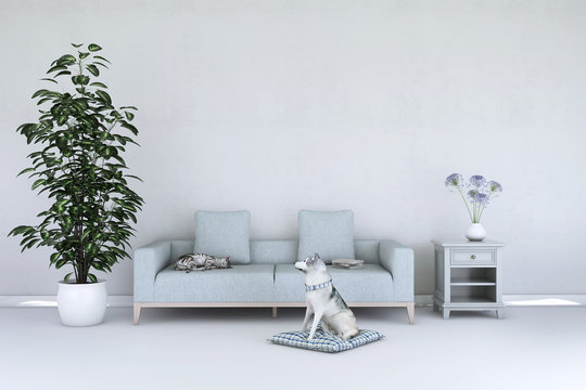 White living room interior with cat and dog on the wooden floor. Home nordic interior. 3D illustration