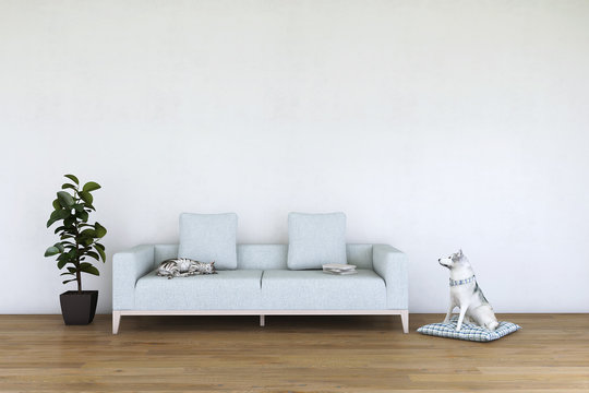White living room interior with cat and dog on the wooden floor. Home nordic interior. 3D illustration