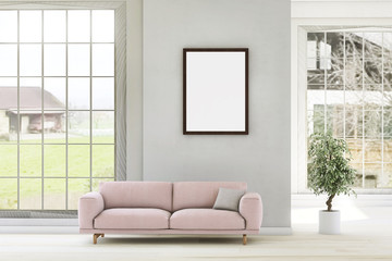Mock up poster frame in modern white interior with pink sofa and plant on wooden floor. Home nordic interior. 3D illustration