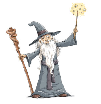 Old sorcerer doing magic with wand