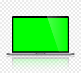Realistic laptop computer monitor reflect with green screen and checkerboard background. Illustration vector illustrator Ai EPS