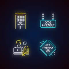 Pet friendly companies neon light icons set. Four-legged friends allowed hotels and offices. Cats and dogs permitted. Signs with outer glowing effect. Vector isolated RGB color illustrations