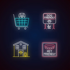Pet friendly areas neon light icons set. Four-legged friends welcome shops and houses. Animals allowed parks and supermarkets. Signs with outer glowing effect. Vector isolated RGB color illustrations