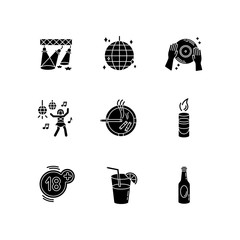 Night club leisure black glyph icons set on white space. Entertainment establishment, nightlife, clubbing silhouette symbols. Adult recreation, dancing and alcohol drinks vector isolated illustrations