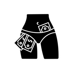 Striptease show black glyph icon. Strip club, adult entertainment, sexy dancing silhouette symbol on white space. Female dancer, stripper with money in panties vector isolated illustration