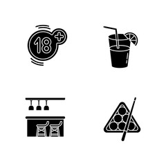 Adult recreation black glyph icons set on white space. Night club recreation activities silhouette symbols. Eighteen plus number, cocktail, bar counter and billiards vector isolated illustrations
