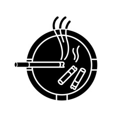 Ashtray black glyph icon. Smoking addiction, dangerous habit, unhealthy lifestyle silhouette symbol on white space. Ash tray with burning cigarette and stubs vector isolated illustration