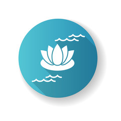 Lotus blue flat design long shadow glyph icon. Blooming lily flower. Yoga sign. Meditation and zen. Harmony, purity. Massage treatment. Floral petals. Silhouette RGB color illustration