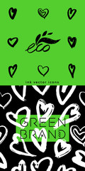 Green cosmetic pattern, eco cosmetics concept for bio cosmetics banner. Vector icons of heart. Eco friendly seamless background. Natural pattern and logo for beauty care products. Label tag template.