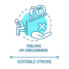 Feeling of uselessness turquoise concept icon. Stressed employee. Sadness and exhaustion. Burnout symptom idea thin line illustration. Vector isolated outline RGB color drawing. Editable stroke