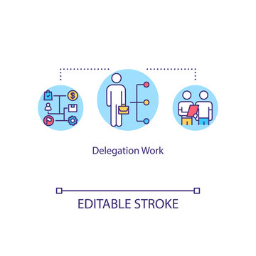 Delegation Work Concept Icon. Responsibility And Authority Idea Thin Line Illustration. Subordination. Management, Supervision. Vector Isolated Outline RGB Color Drawing. Editable Stroke