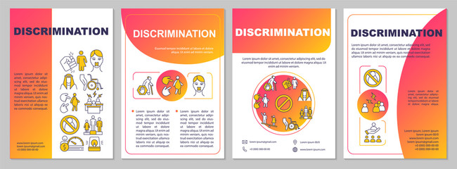 Fototapeta na wymiar Gender discrimination brochure template. Hatred of women. Flyer, booklet, leaflet print, cover design with linear icons. Vector layouts for magazines, annual reports, advertising posters