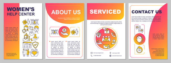 Women help center brochure template. Domestic violence victims support. Flyer, booklet, leaflet print, cover design with linear icons. Vector layouts for magazines, annual reports, advertising posters