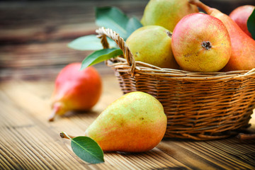 Fresh ripe pears with leaves in on wooden background. Beautifulp Pear fruits in wicker basket.