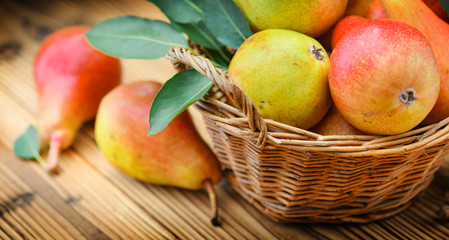 Fresh ripe pears wide banner or panorama with leaves on wooden background. Beautiful pear fruits in wicker basket.
