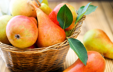 Fresh ripe pears with leaves in on wooden background. Beautifulp Pear fruits in wicker basket.