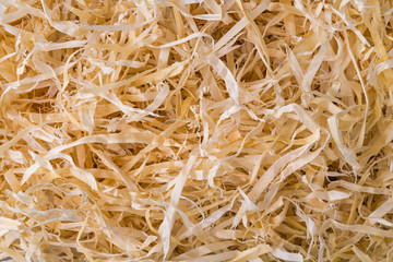 Abstract wood shavings background. Wooden sawdust in texture detail. Closeup of long thin strips of...