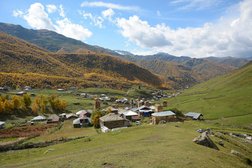 Fototapeta na wymiar Ushguli, Georgia - October 3, 2018: Village of Ushguli in Svaneti region