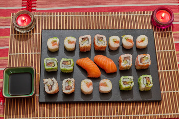 The range of different types of sushi, rolls, sashimi and Maki with sauces