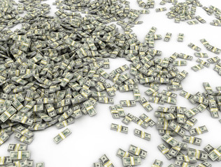 US dollars currency. Money spread out on white floor. 3D illustration