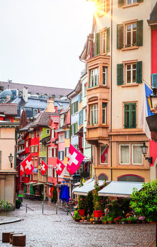 Beautiful cozy street in the city center of Zurich, Switzerland