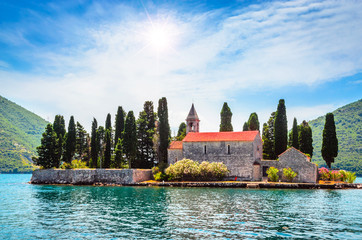 Naklejka na ściany i meble Beautiful mediterranean landscape. St. George Island near town Perast, Kotor bay, Montenegro.