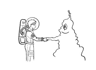 friendship cosmonaut and alien, first contact, line art, UFO, 