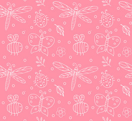 Naklejka premium Vector seamless pattern of hand drawn doodle sketch white insects isolated on pink background