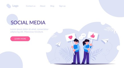 Social media concept. People stand with signs urging to put likes. Interacting with content on social media. Landing web page template.
