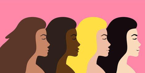 Vector flat cartoon four different nationality women head profiles isolated on pink background. Woman power illustration