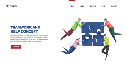 Teamwork concept with persons and puzzle elements. Team Metaphor. Template for web banner, landing page. Flat vector illustration isolated on white background.