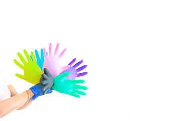 multi-colored medical gloves isolated. Sterile equipment for the medical and beauty industries. Copy space