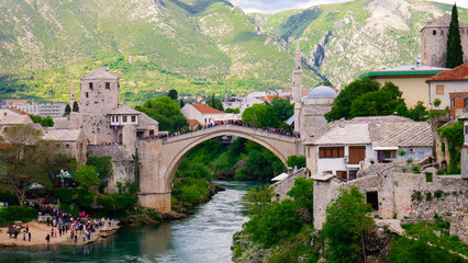 Fototapeta na wymiar The Old Bridge and city of Mostar, Bosnia and Herzegovina, April 2019.