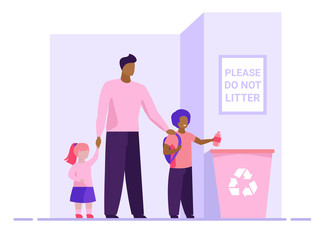 Dad with kids throwing litter in recycling bin. Parent with children tossing garbage flat vector illustration. Ecology, recycling family concept for banner, website design or landing web page