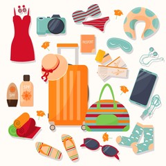 Big set essentials things for travel. Bag, passport, phone, earphones, passport, sunglasses, SPF, socks, bikini, camera and other accessories. Graphic vector clipart. Bright and colourful.