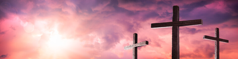 Three Wooden Crosses With Sunrise And Clouds Background - Death And Resurrection Of Jesus Christ