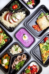 Fototapeta na wymiar Zdrowa dieta pudełkowa sniadanie obiad lunch box, pełnowartościowy, zbilansowany fit posiłek na cały dzień 