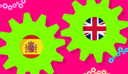 Post Brexit. Negotiation period in the transition. Illustration with the flags inside gears of UK and Spain. The separation of the United Kingdom from the European Union. Teamwork. Gibraltar.